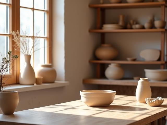 Keramik-Atelier, das Ruhe und einladende Atmosphäre ausstrahlt, mit Töpferwaren und Werkzeugen auf Regalen.