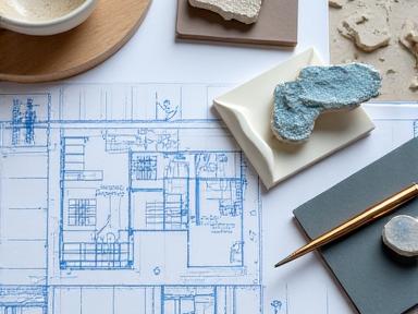 Baupläne und Keramikmuster auf einem Architektentisch