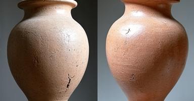 Vorher-Nachher-Bild einer restaurierten alten Keramikvase