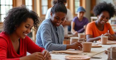 Lachende Menschen in einem Töpferworkshop